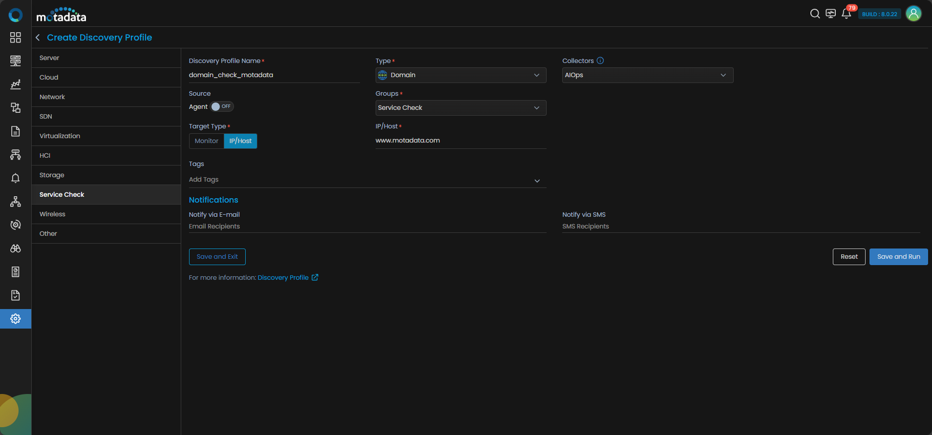Discovery Profile form filled in for Domain service check