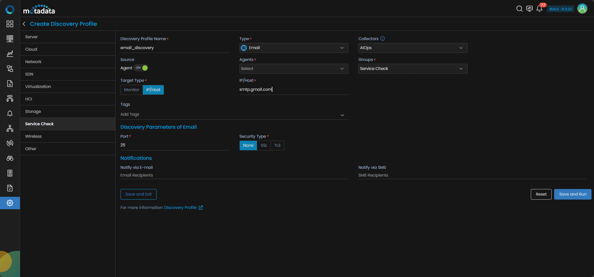 Discovery Profile form filled in for Email service check