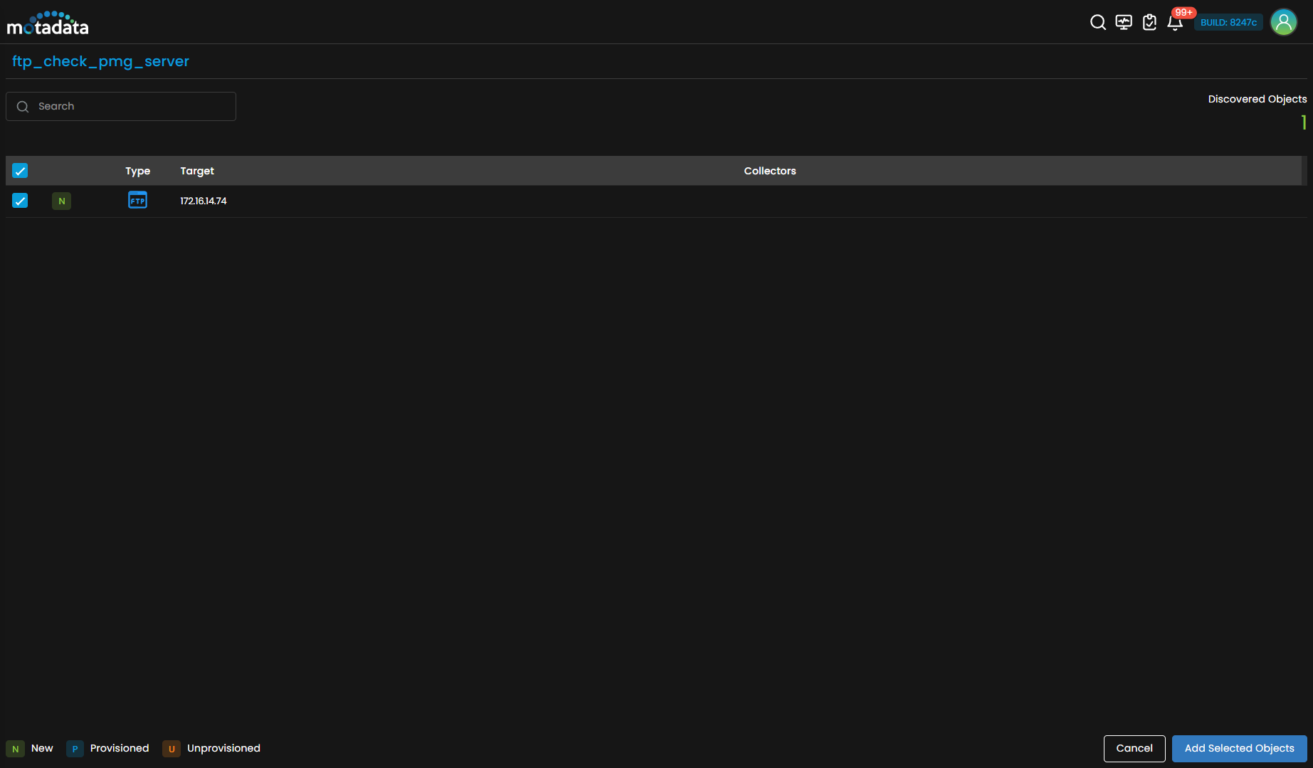 Provisioning screen showing discovered FTP service check results
