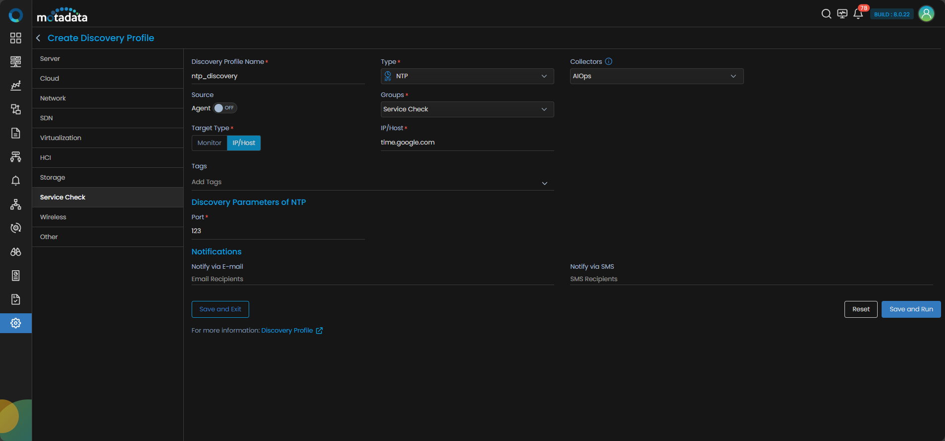 Discovery Profile form filled in for NTP service check