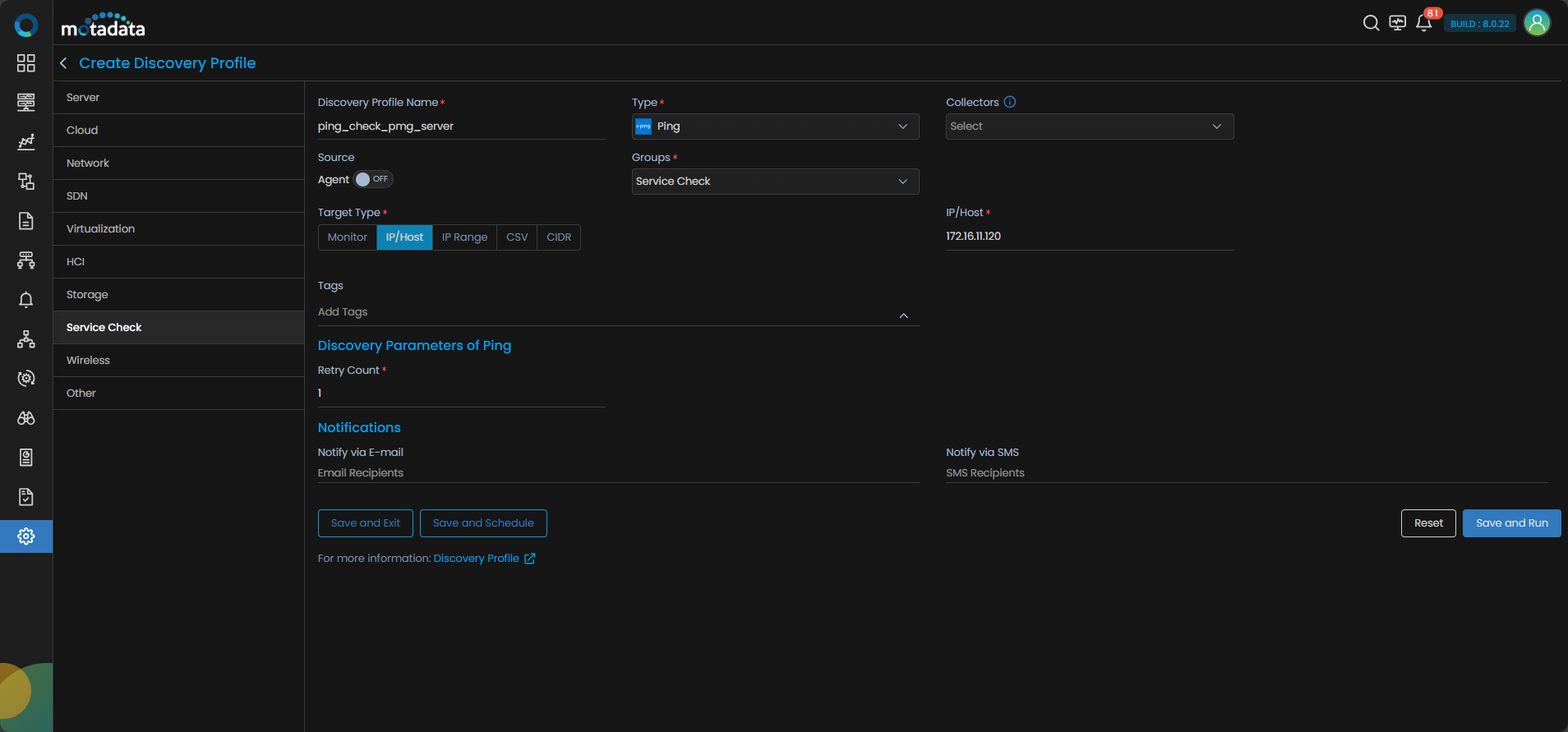 Discovery Profile form filled in for Ping service check