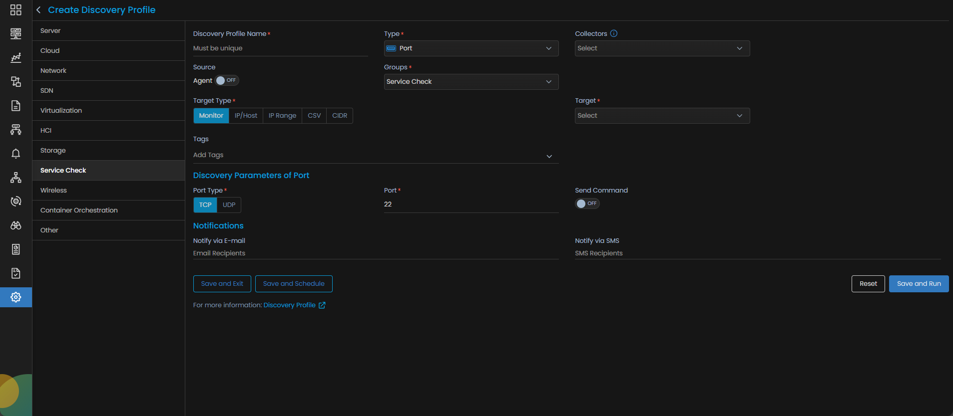 Discovery Profile form filled in for Port service check