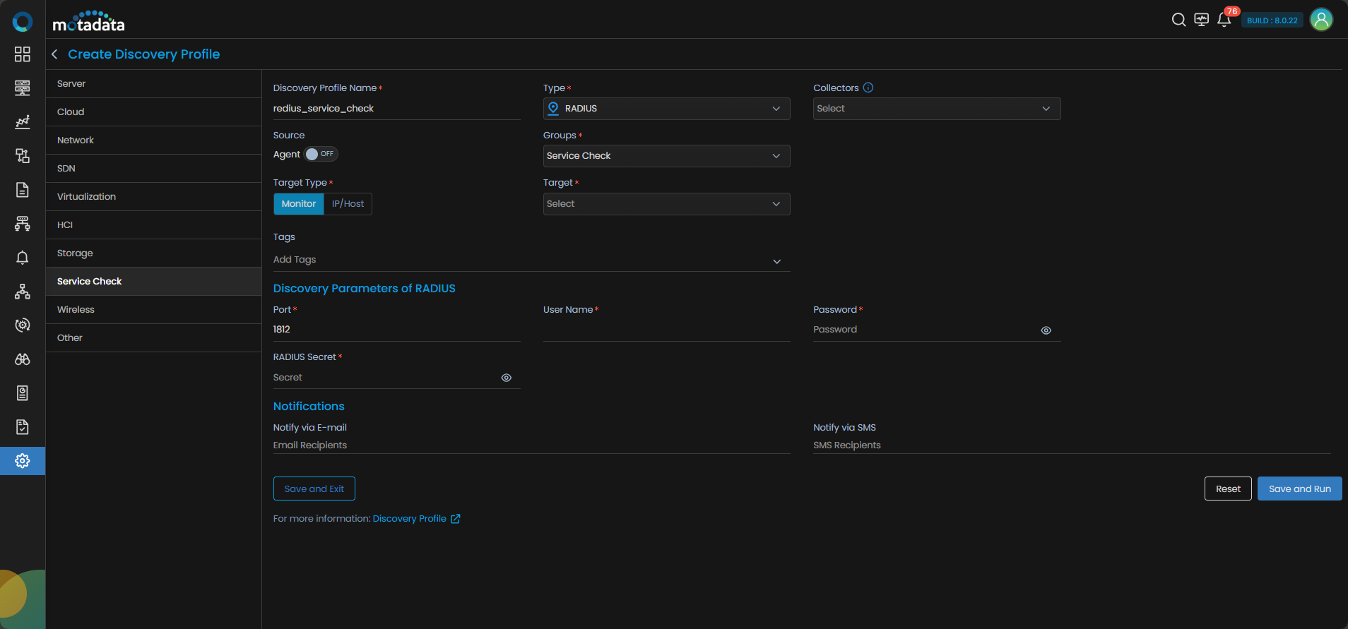 Discovery Profile form filled in for RADIUS service check