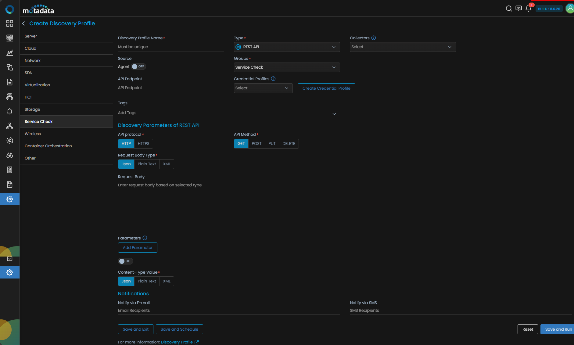 Discovery Profile form filled in for REST API service check