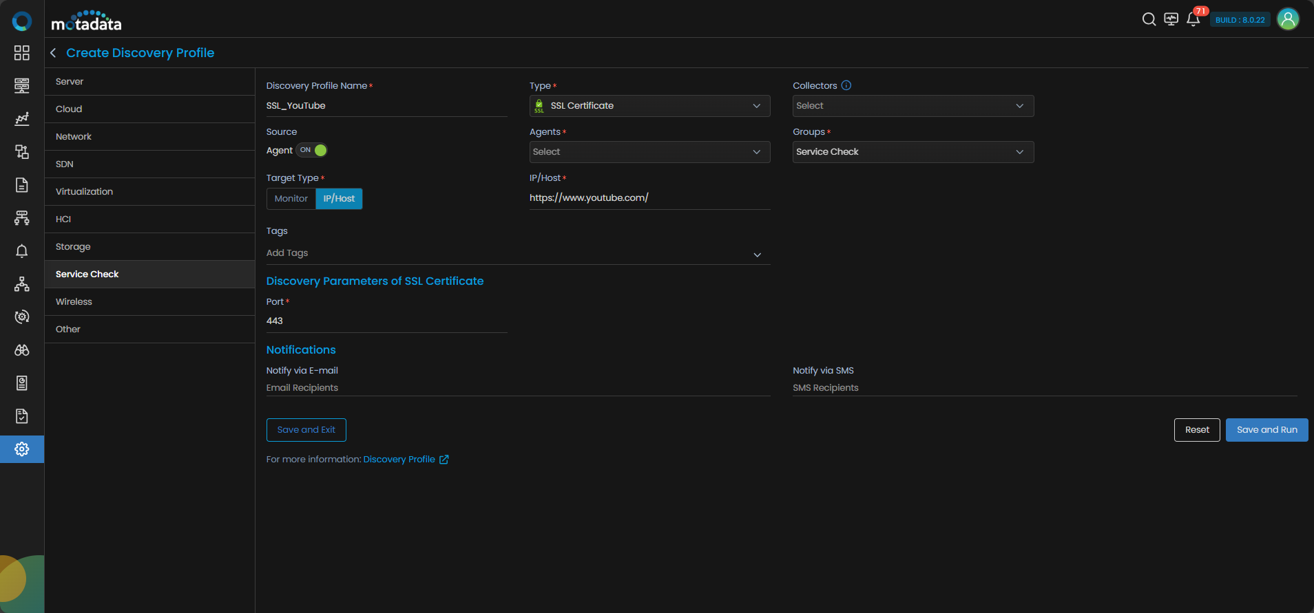 Discovery Profile form filled in for SSL Certificate service check