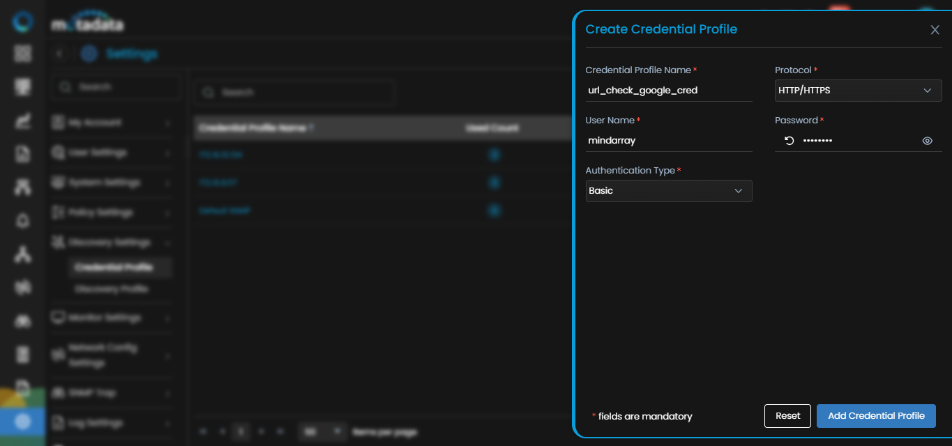 Create Credential Profile form for URL service check