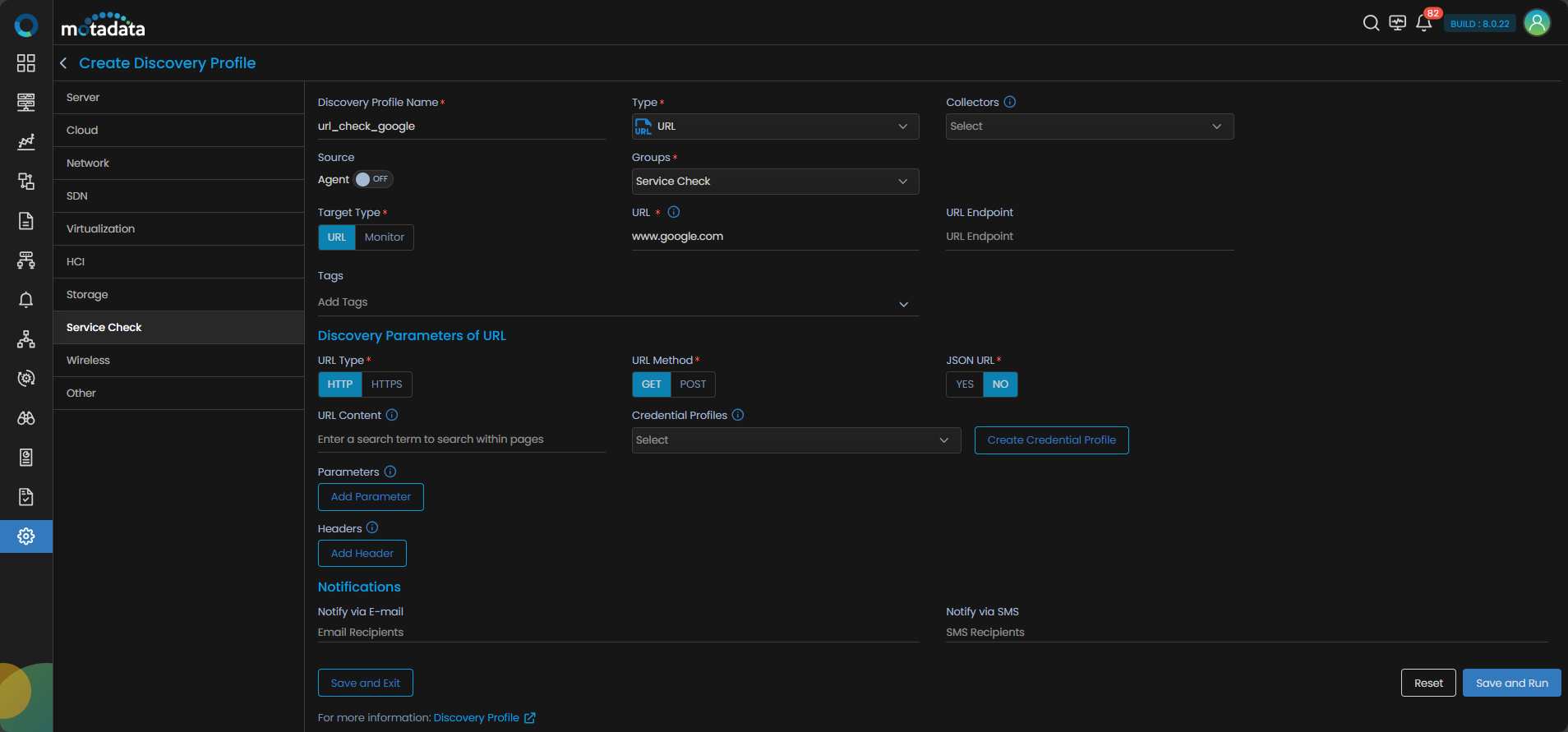 Discovery Profile form filled in for URL service check