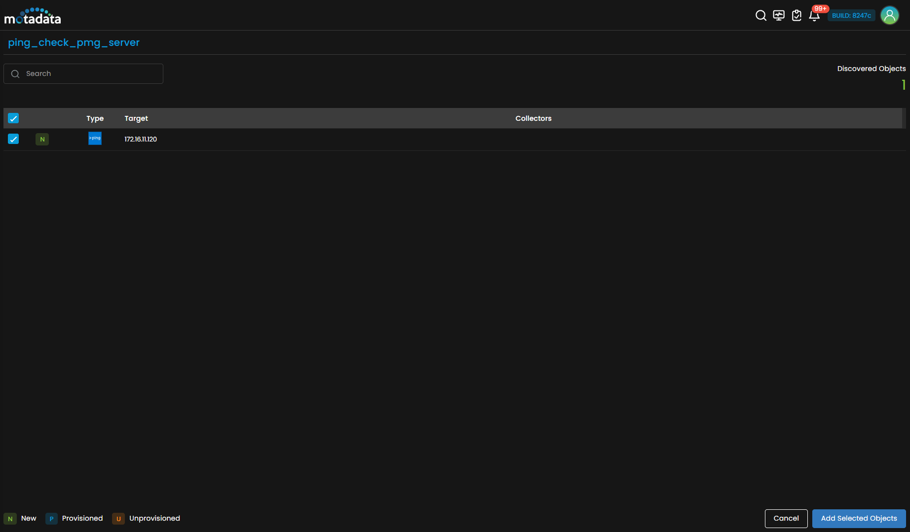 Provisioning screen showing discovered Ping service check results