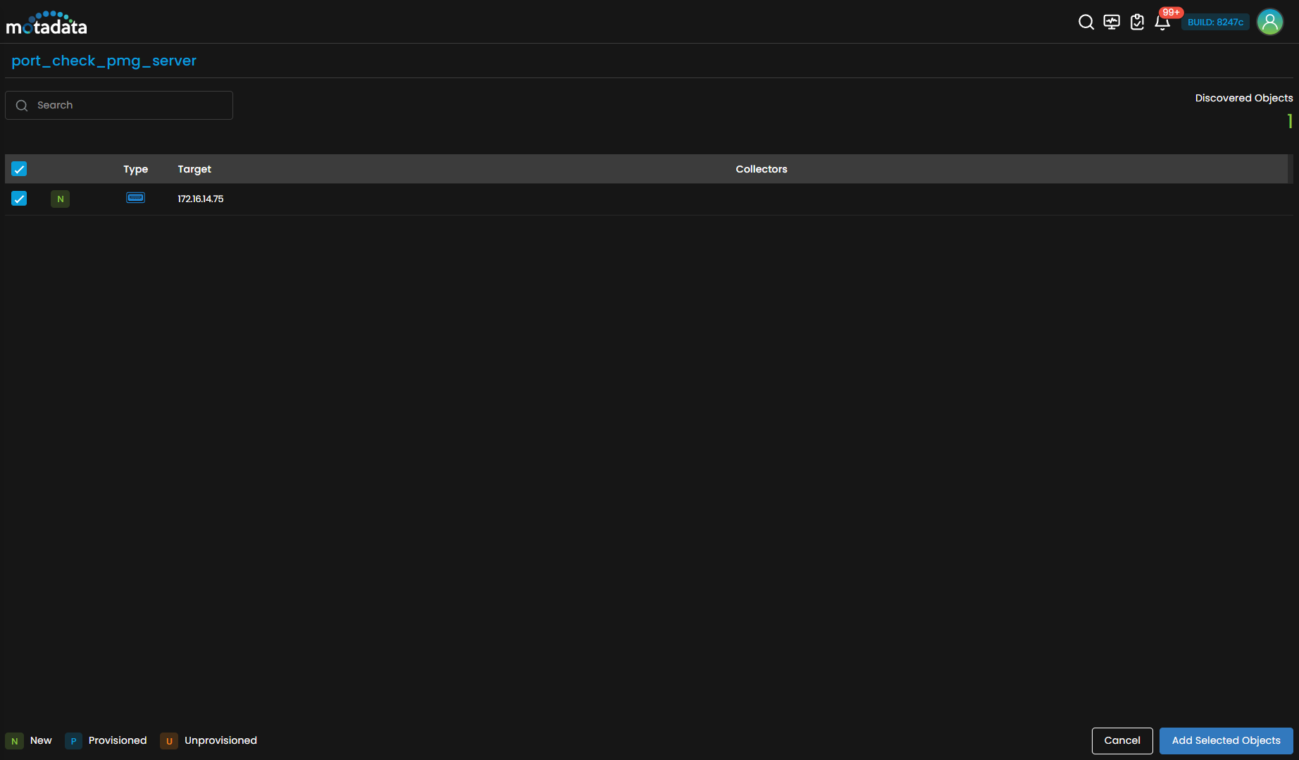 Provisioning screen showing discovered Port service check results