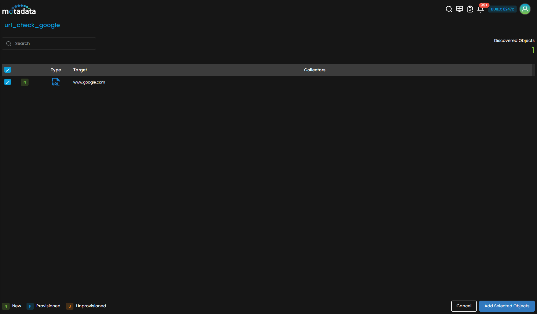 Provisioning screen showing discovered URL service check results