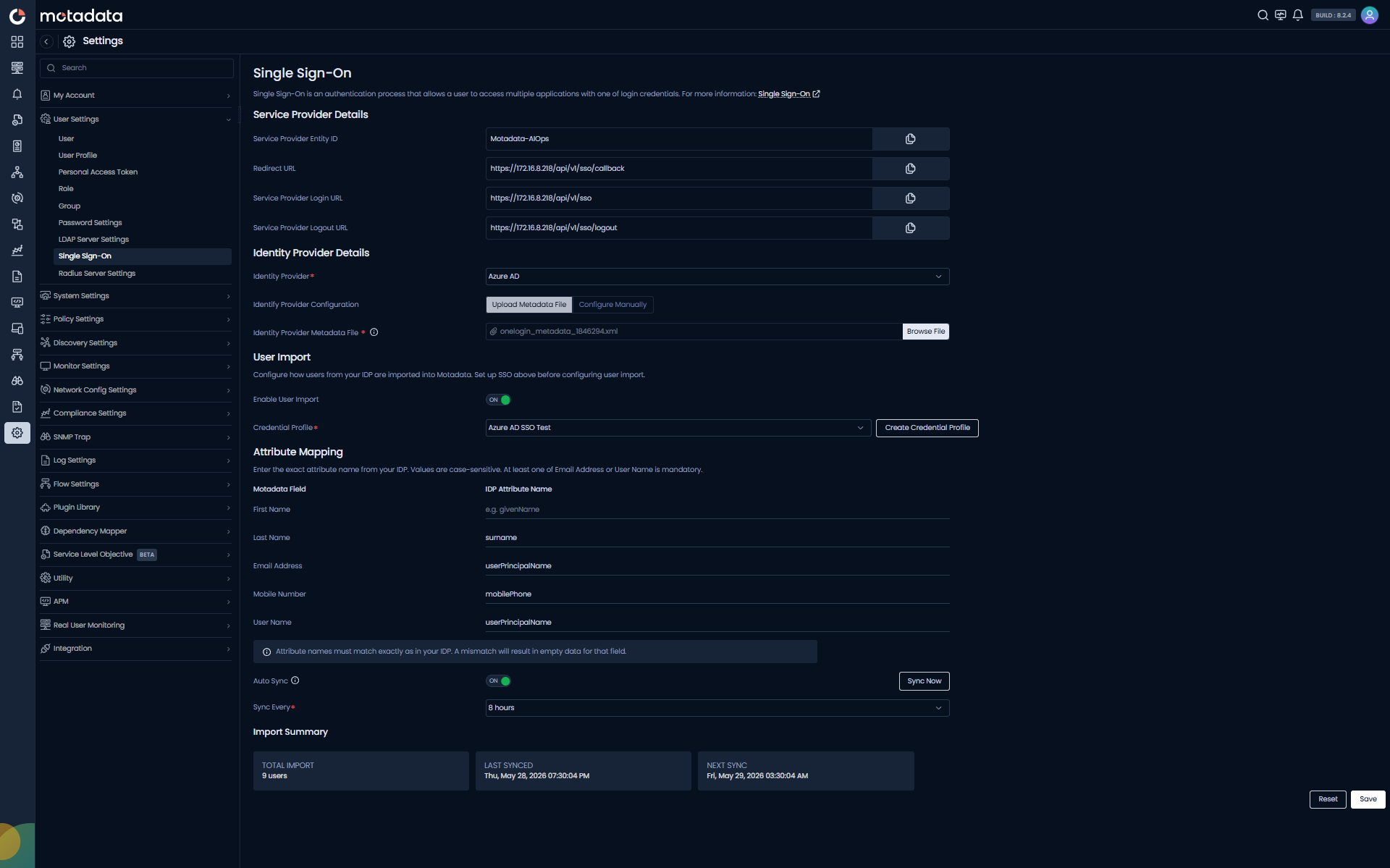 Single Sign-On configuration screen showing Service Provider Details, Identity Provider Details, and User Import sections