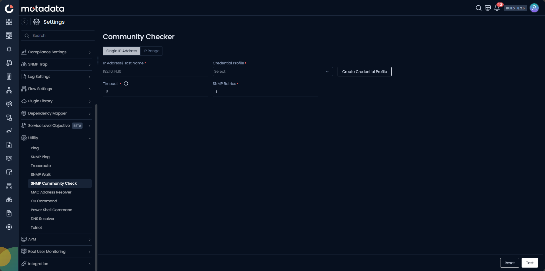 Community Checker Single IP Address tab showing IP Address/Host Name, Credential Profile, Timeout, and SNMP Retries fields