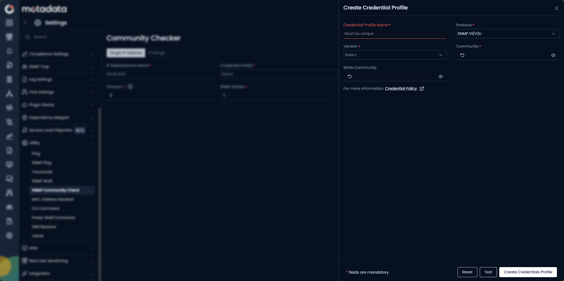 Create Credential Profile dialog showing SNMP protocol, version, community, and write community fields