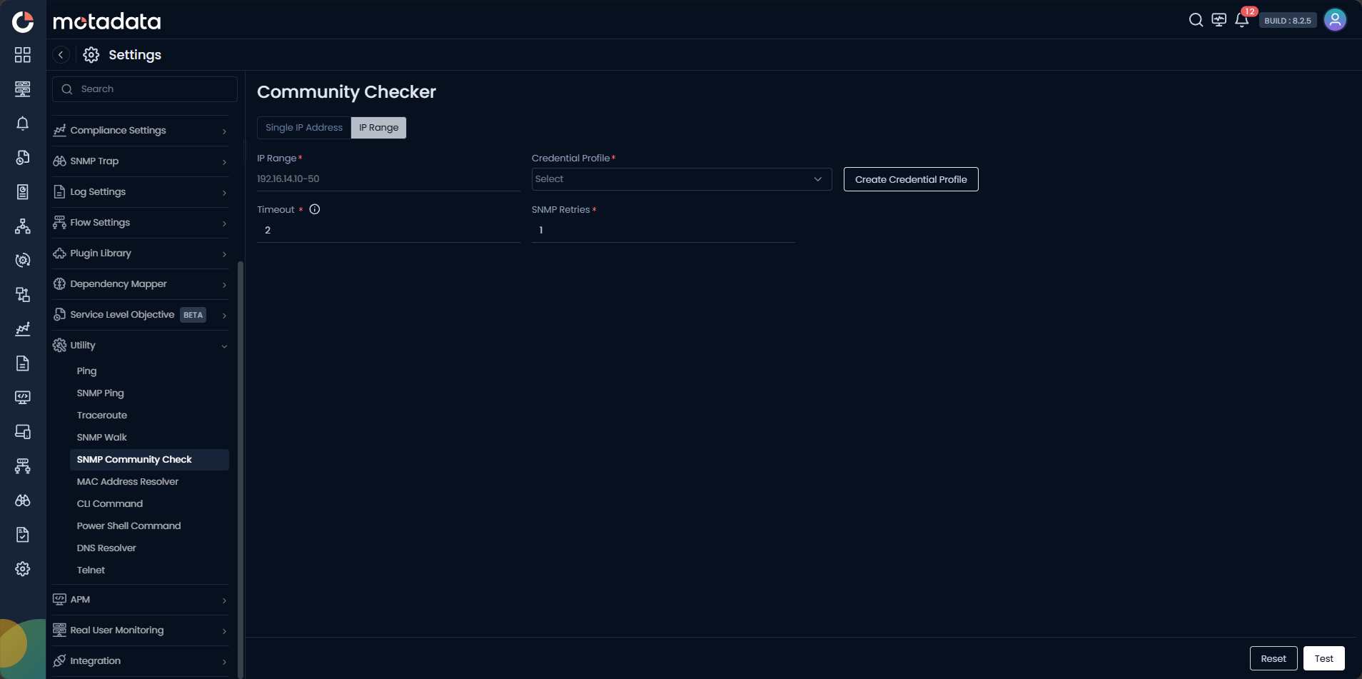 Community Checker IP Range tab showing IP Range, Credential Profile, Timeout, and SNMP Retries fields