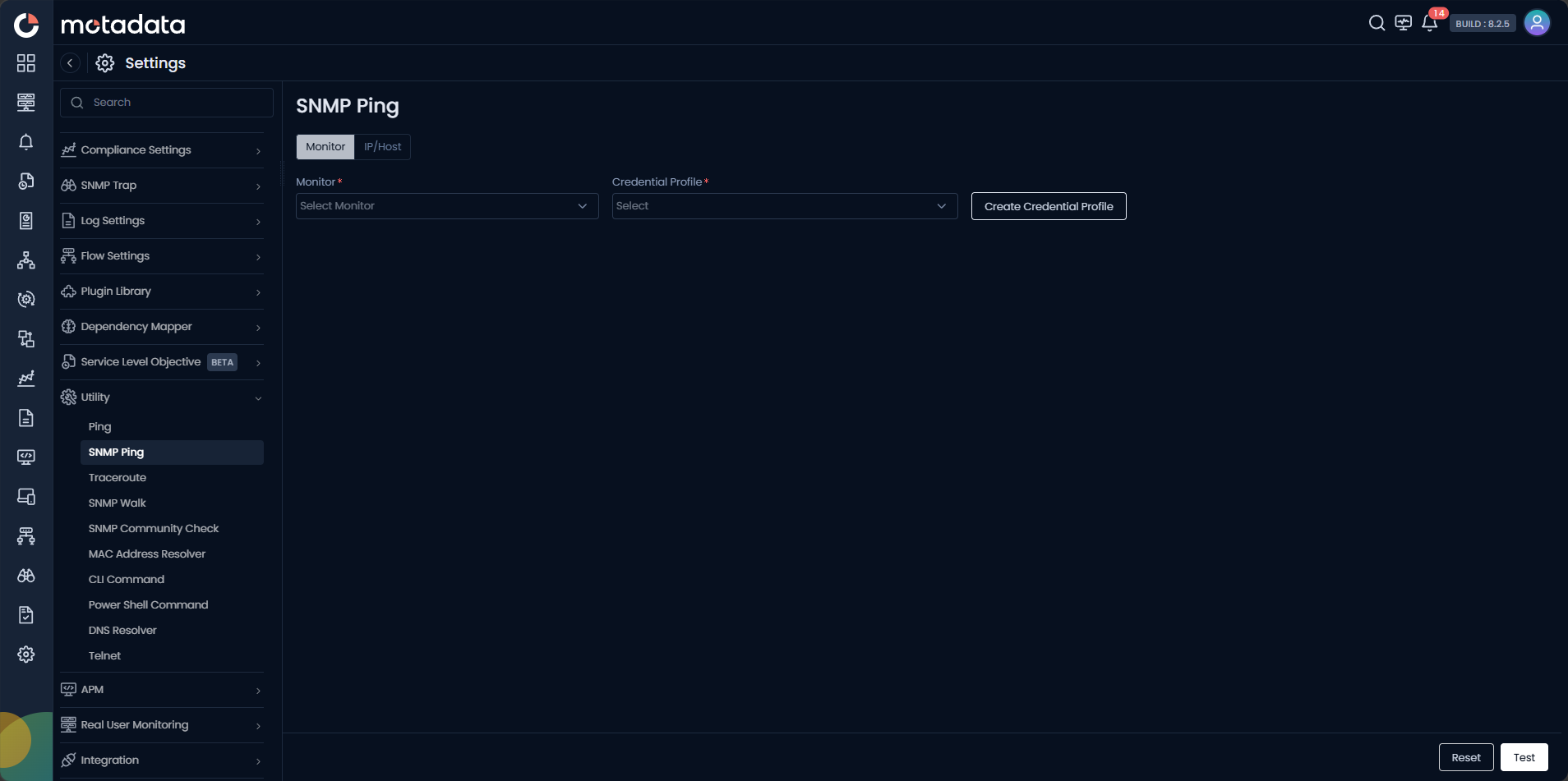SNMP Ping Monitor tab showing Monitor and Credential Profile dropdowns