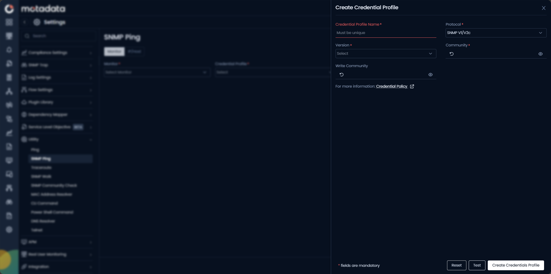 Create Credential Profile dialog showing SNMP protocol, version, community, and write community fields