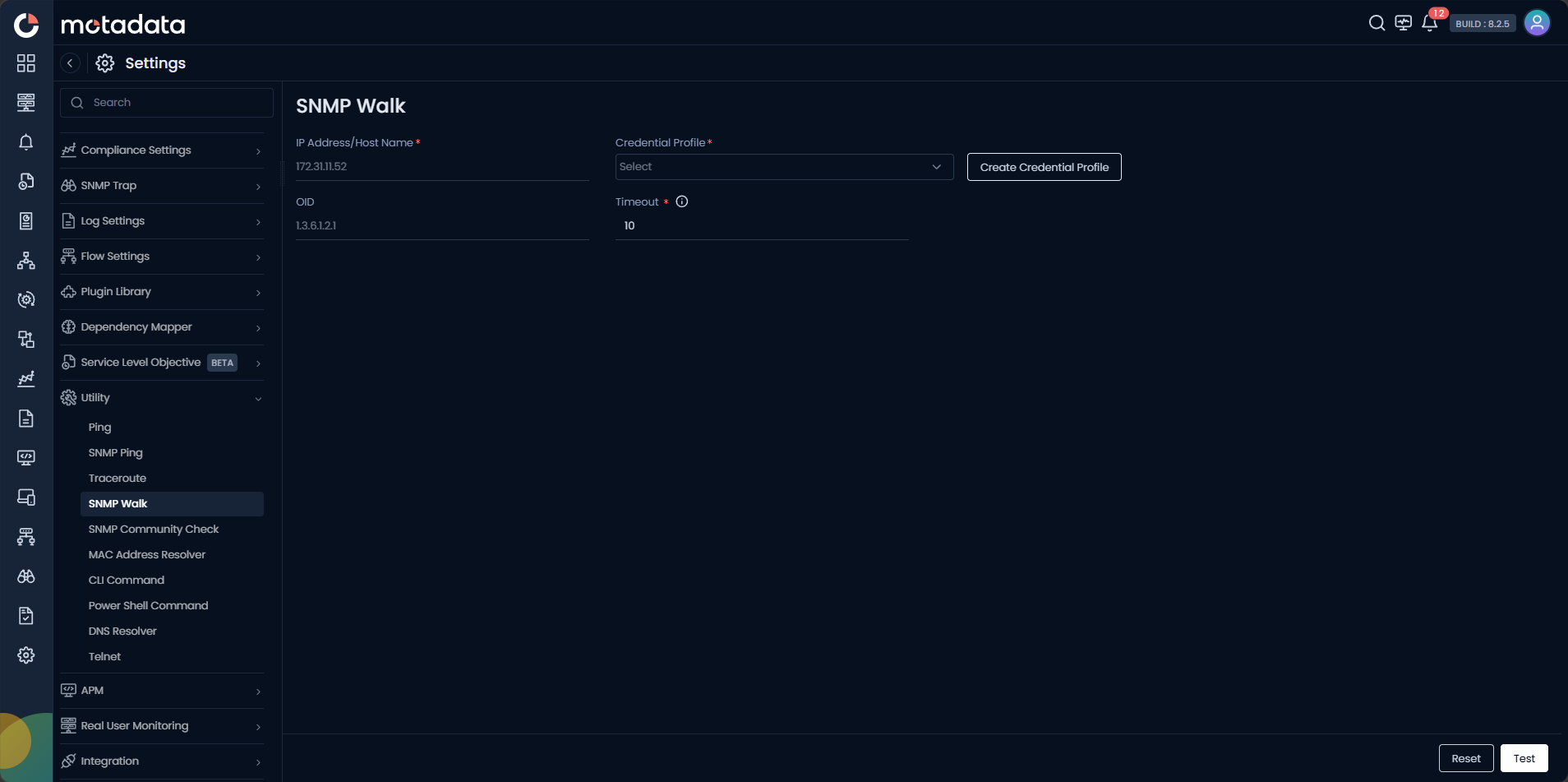 SNMP Walk screen showing IP Address/Host Name, Credential Profile, OID, and Timeout fields