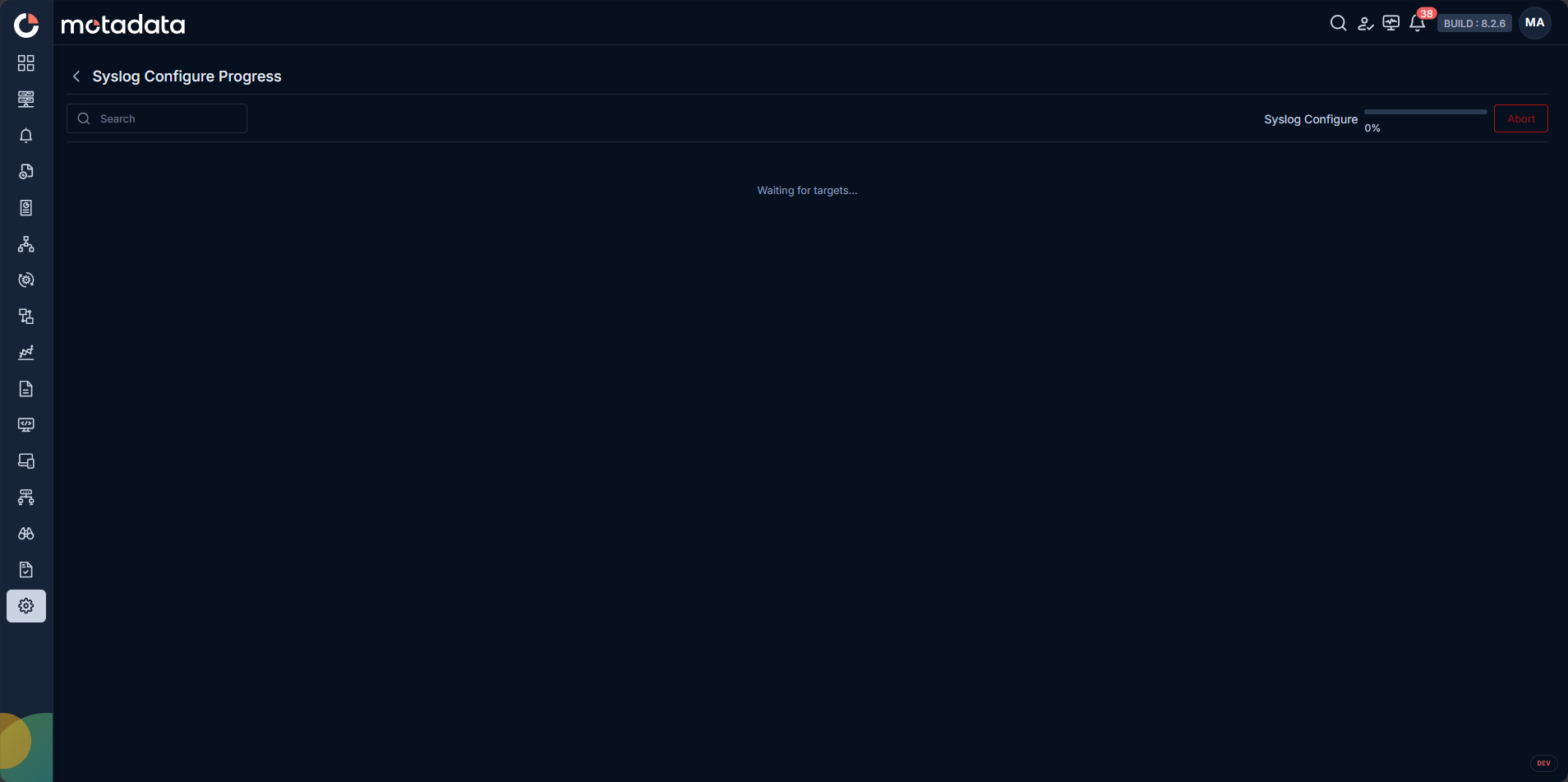 Syslog Configure Progress screen showing the configuration applying to targets
