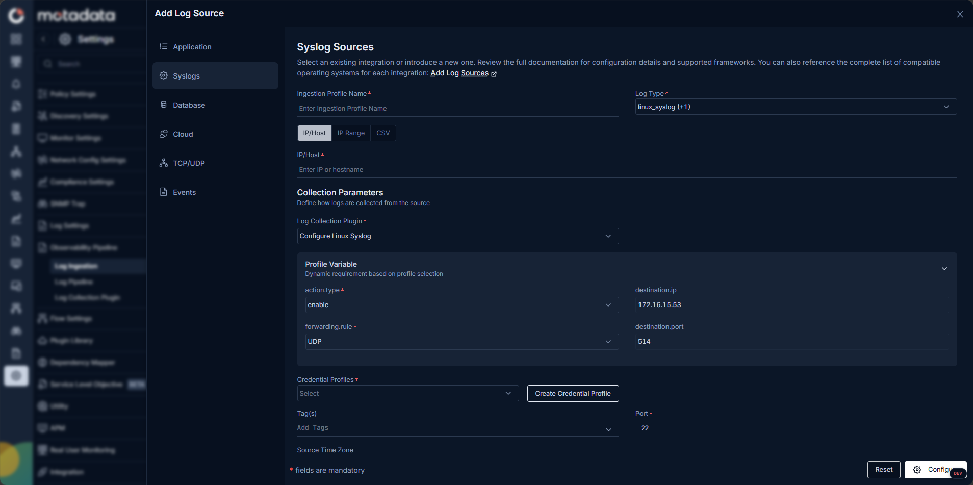Add Log Source — Syslog Sources form showing Ingestion Profile Name, Log Type, IP/Host tab, Collection Parameters, and Profile Variable