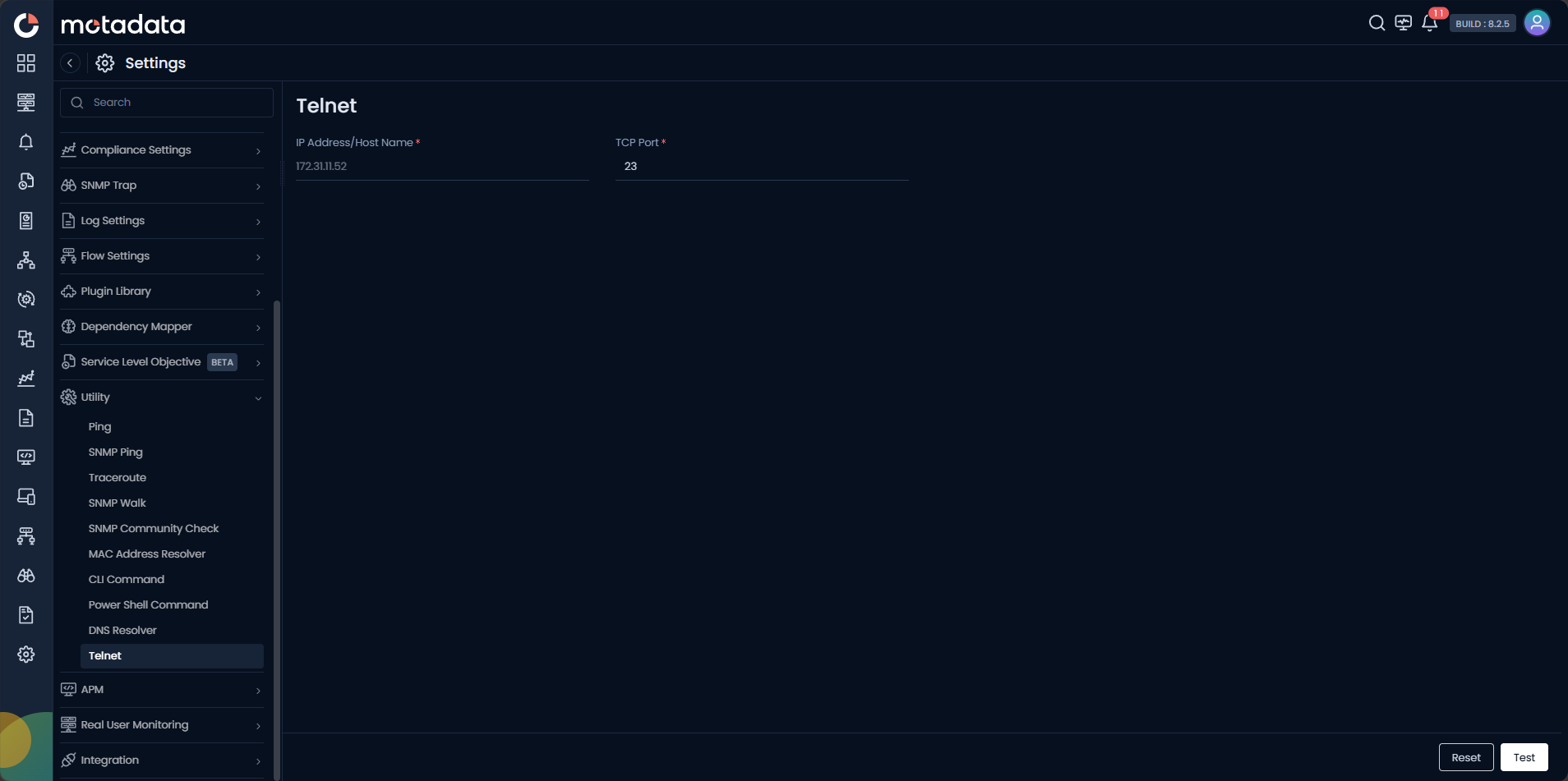Telnet screen showing IP Address/Host Name and TCP Port fields with default port 23