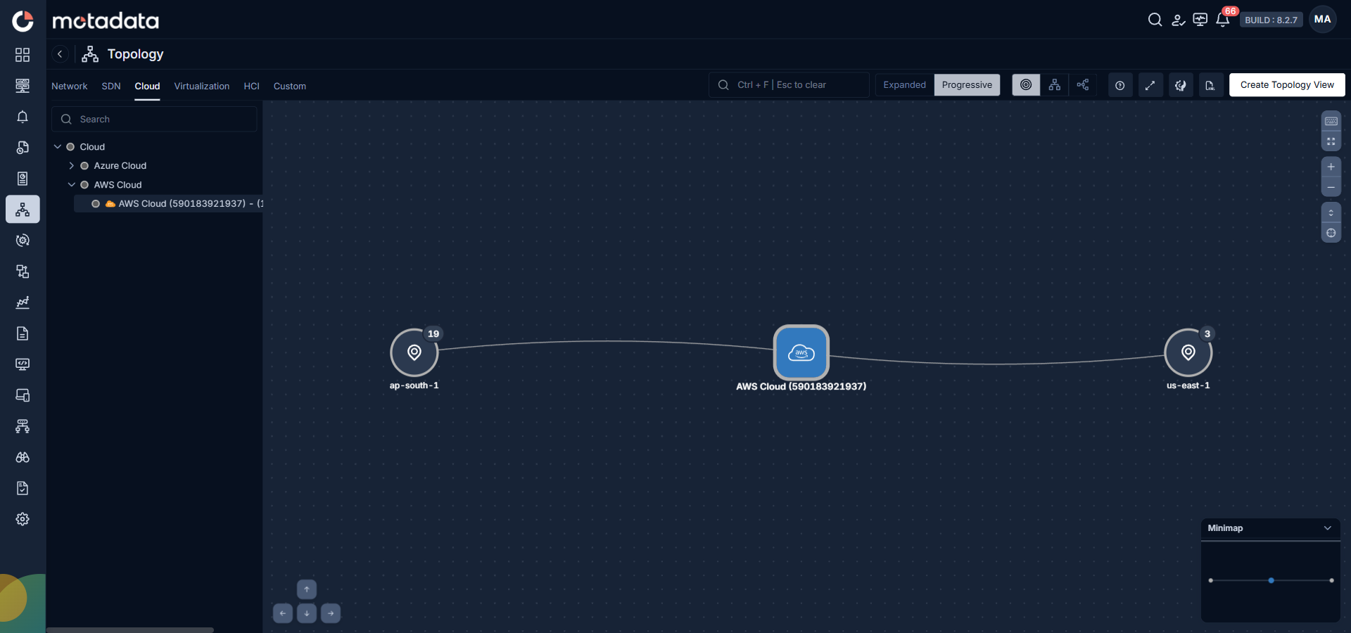 Cloud topology map showing an AWS account connected to ap-south-1 and us-east-1 regions