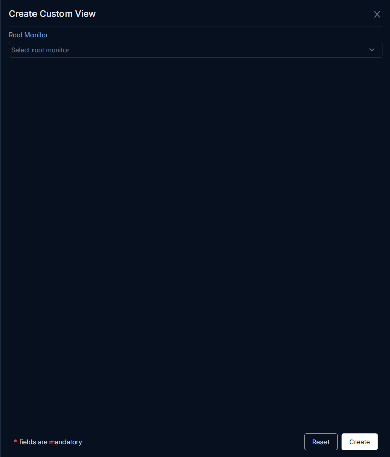 Create Custom View panel showing the Root Monitor dropdown