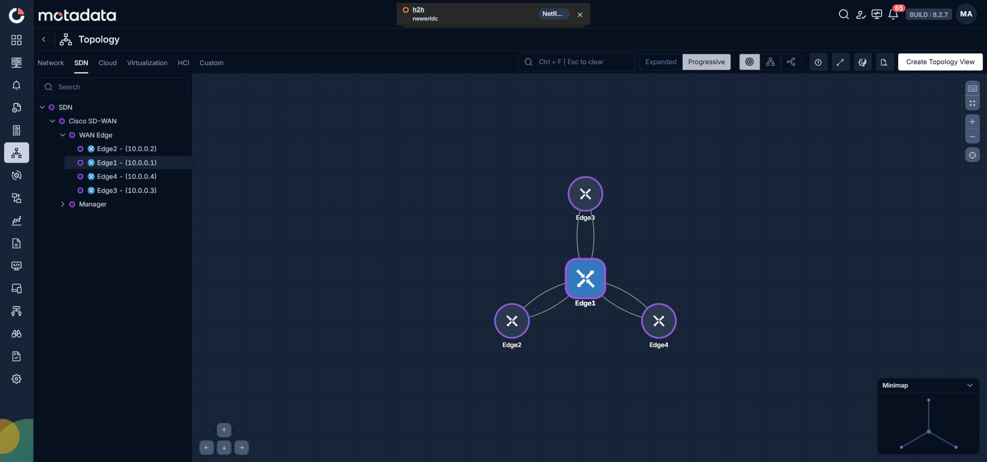 SDN topology map showing Edge1 connected to Edge2, Edge3, and Edge4 devices in a Cisco SD-WAN fabric