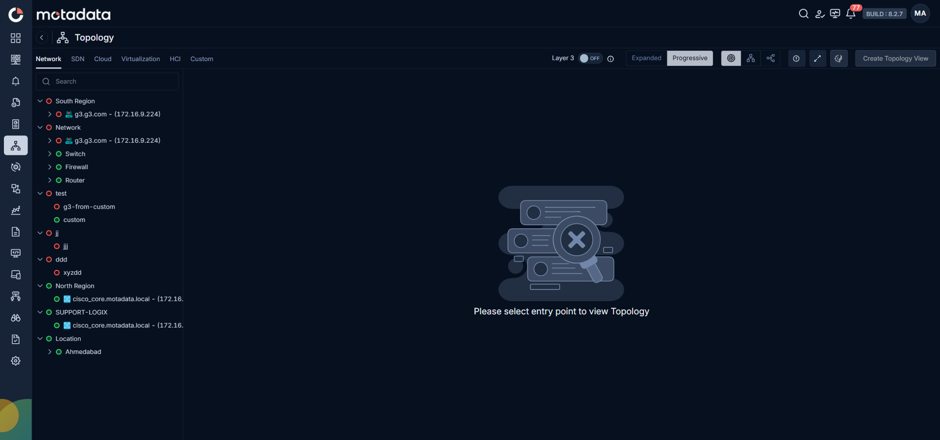 Topology page showing all six tabs: Network, SDN, Cloud, Virtualization, HCI, and Custom
