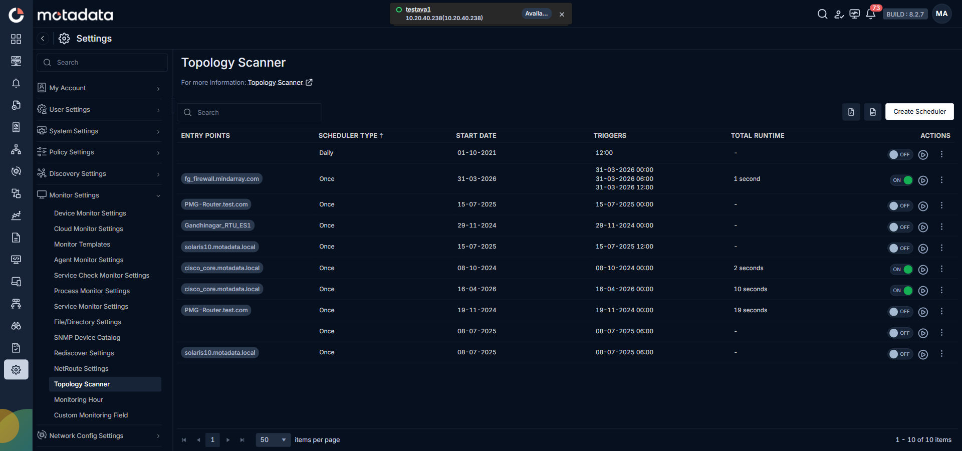 Topology Scanner list showing configured schedulers