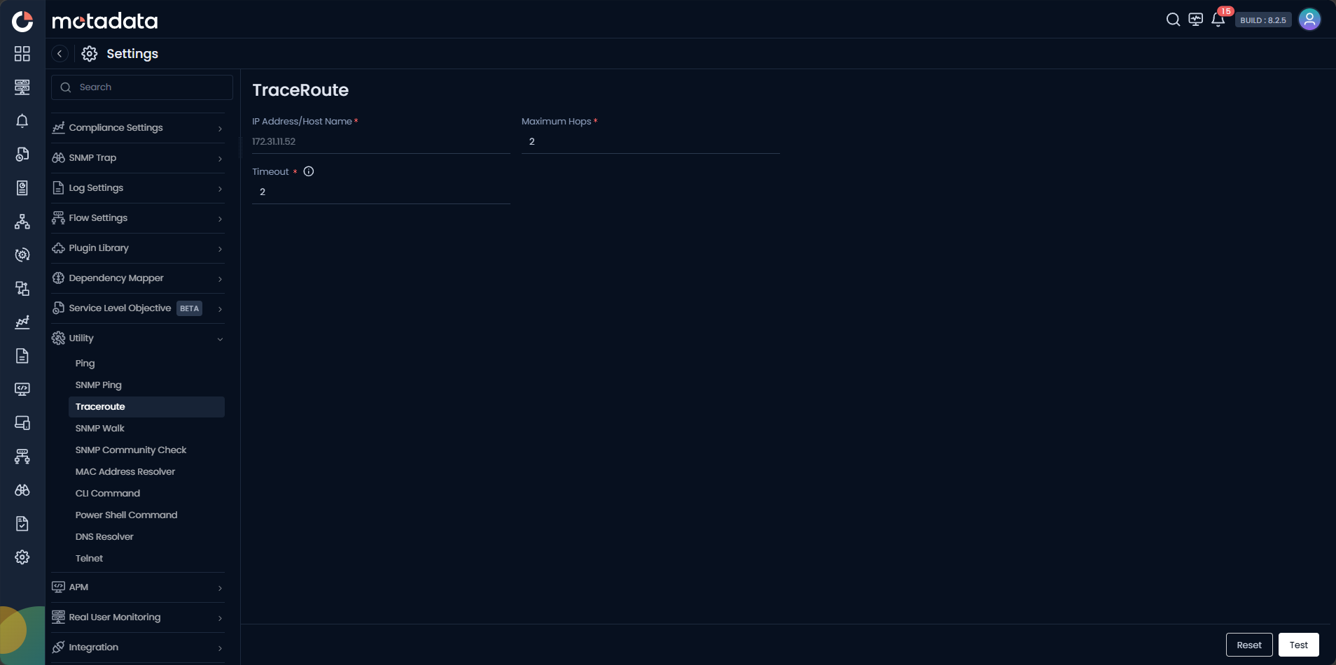 Traceroute screen showing IP Address/Host Name, Maximum Hops, and Timeout fields