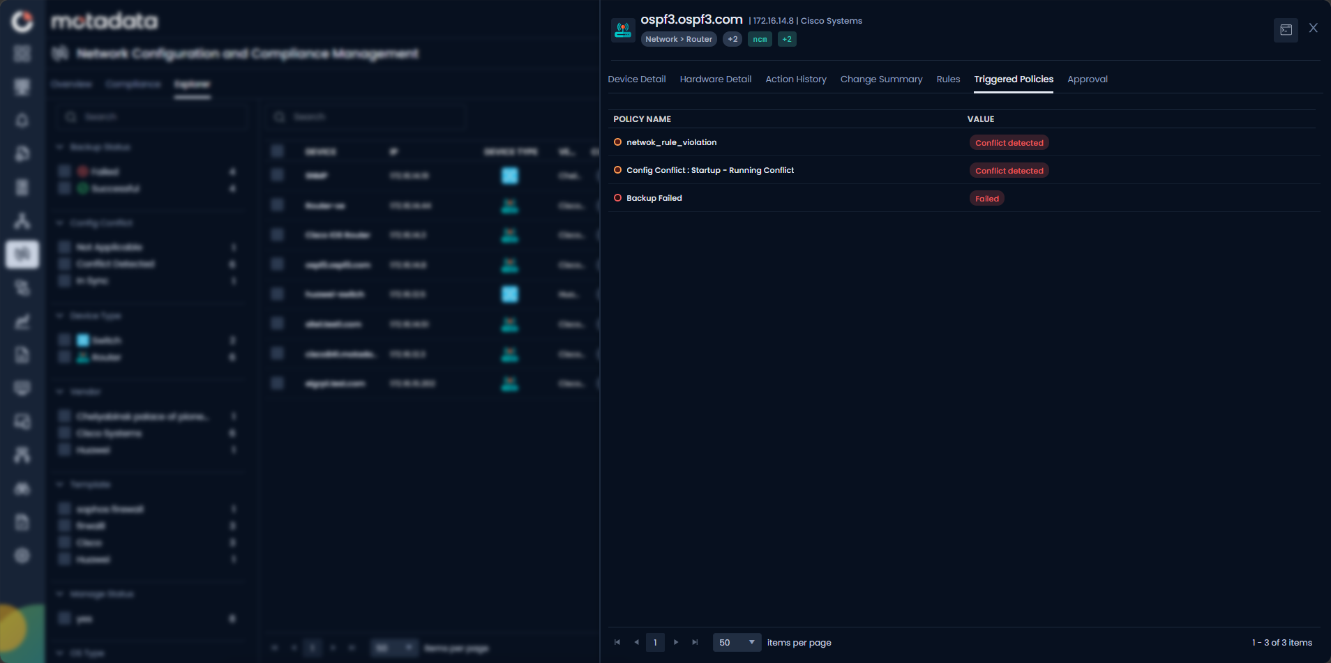 Triggered Policies tab showing Policy Name and Value columns with Conflict Detected and Failed status entries for the selected NCCM device
