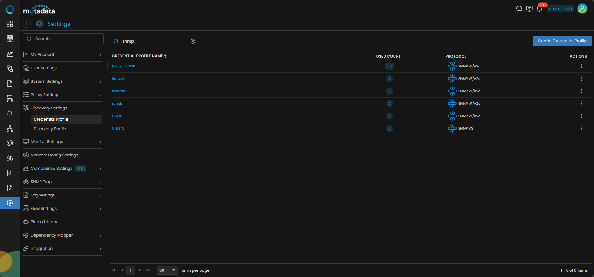 Credential Profile list showing the newly created SNMP v1/v2c profile