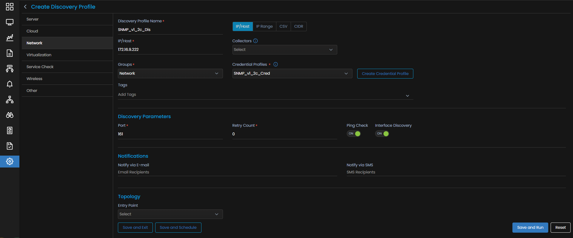 Discovery Profile form with Network category selected and SNMP v1/v2c fields visible