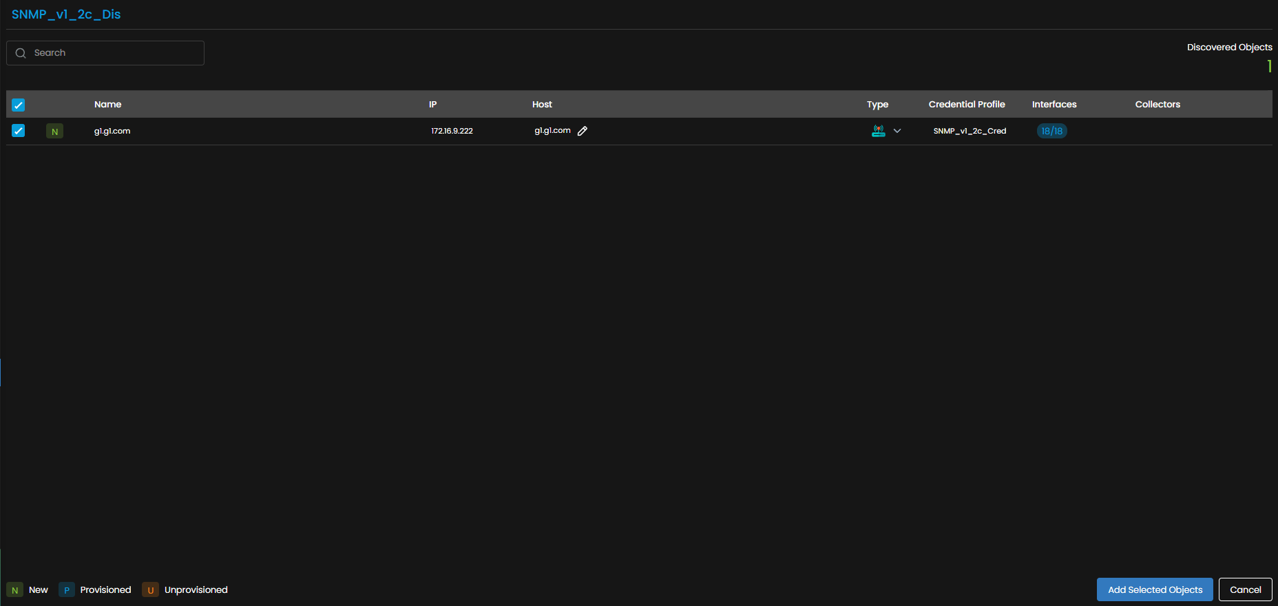 Discovery Profile screen showing the completed SNMP v1/v2c discovery run