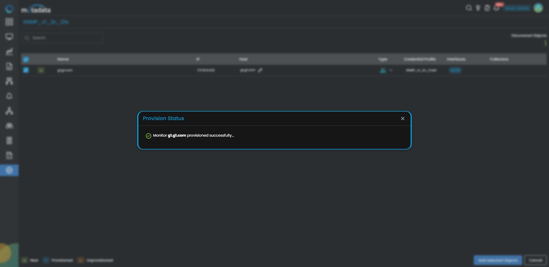 Provisioning screen showing discovered network devices with checkboxes to select