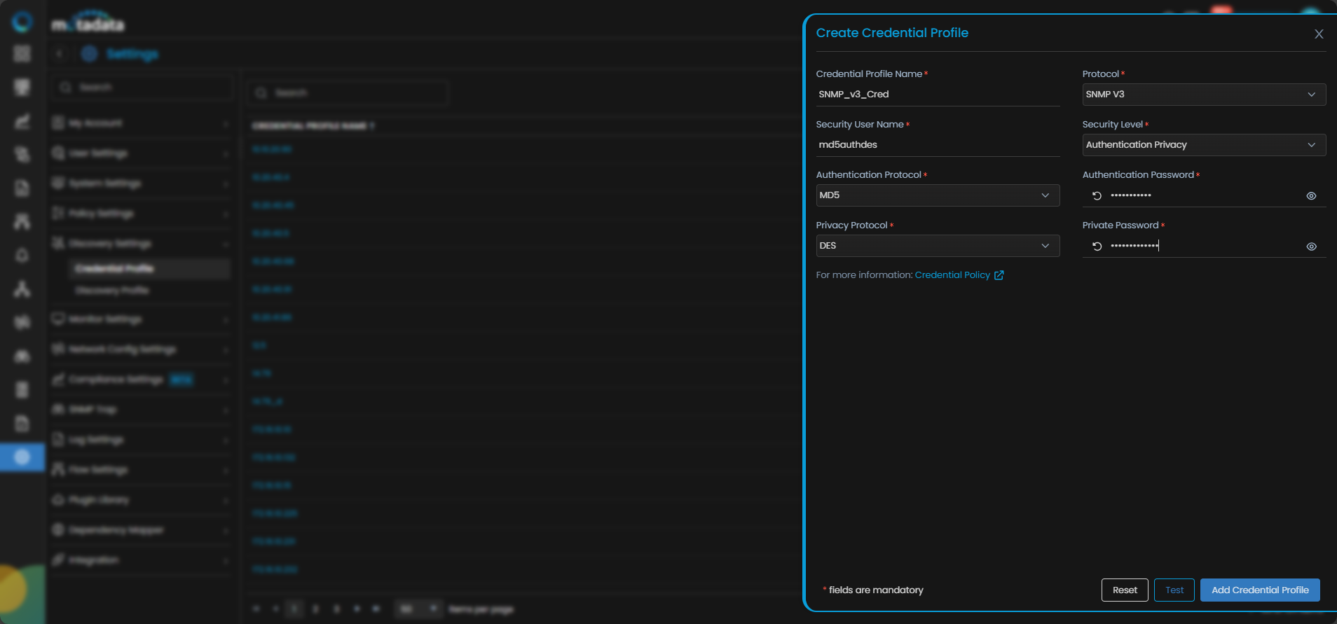 Create Credential Profile form with SNMP V3 protocol selected showing Security User Name and Security Level fields