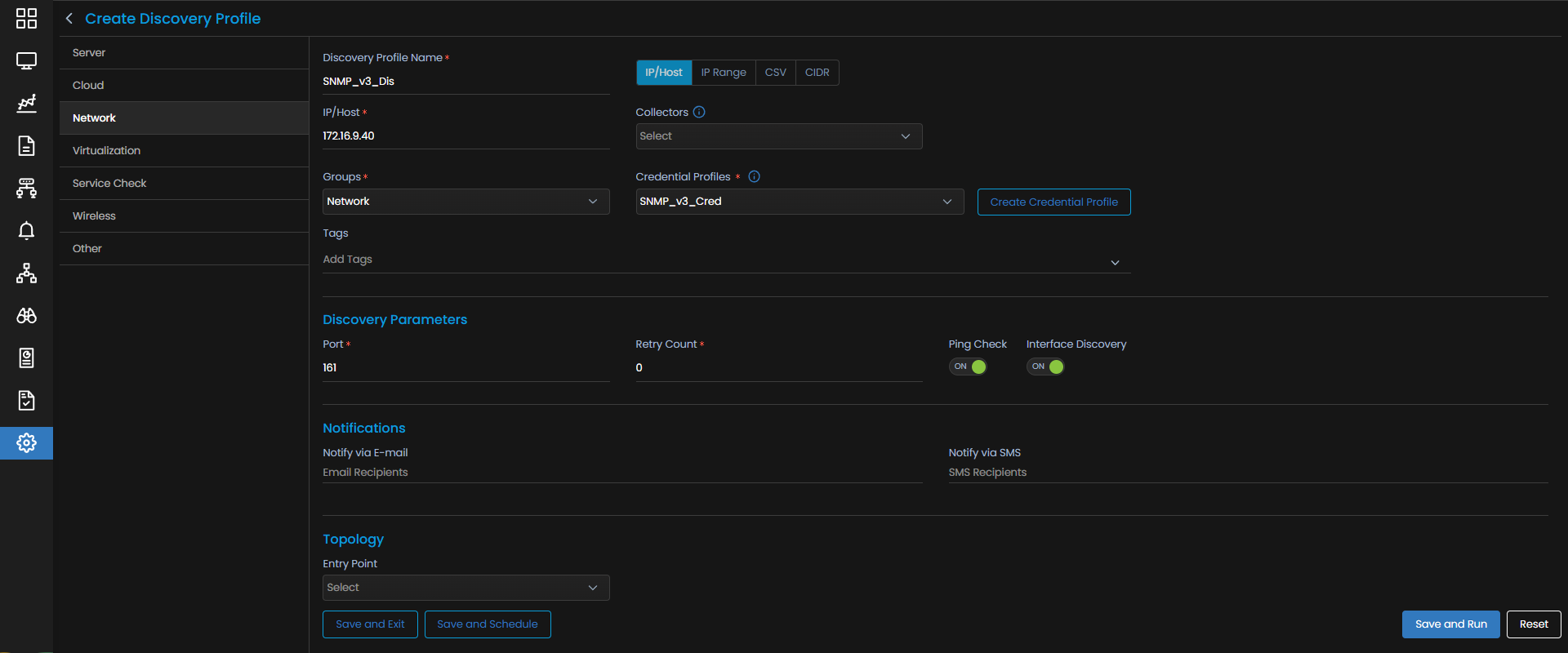Discovery Profile form with Network category selected and SNMP v3 fields visible