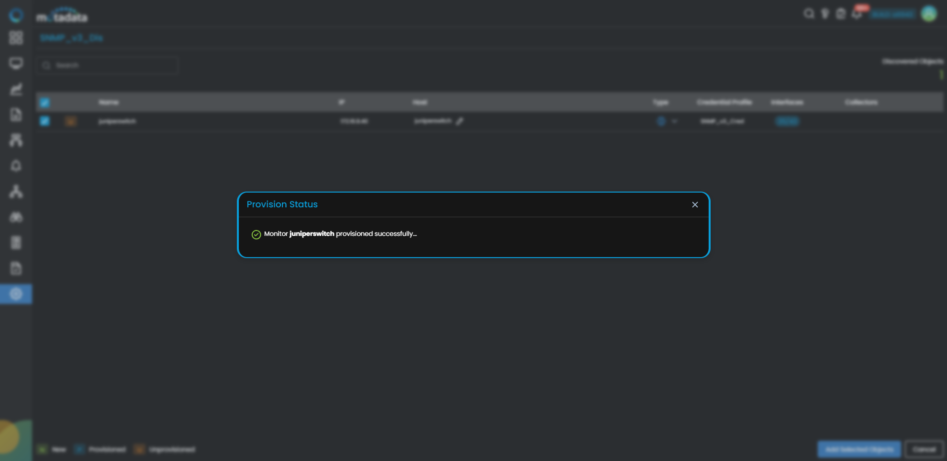 Provisioning screen showing discovered SNMP v3 network devices with checkboxes to select