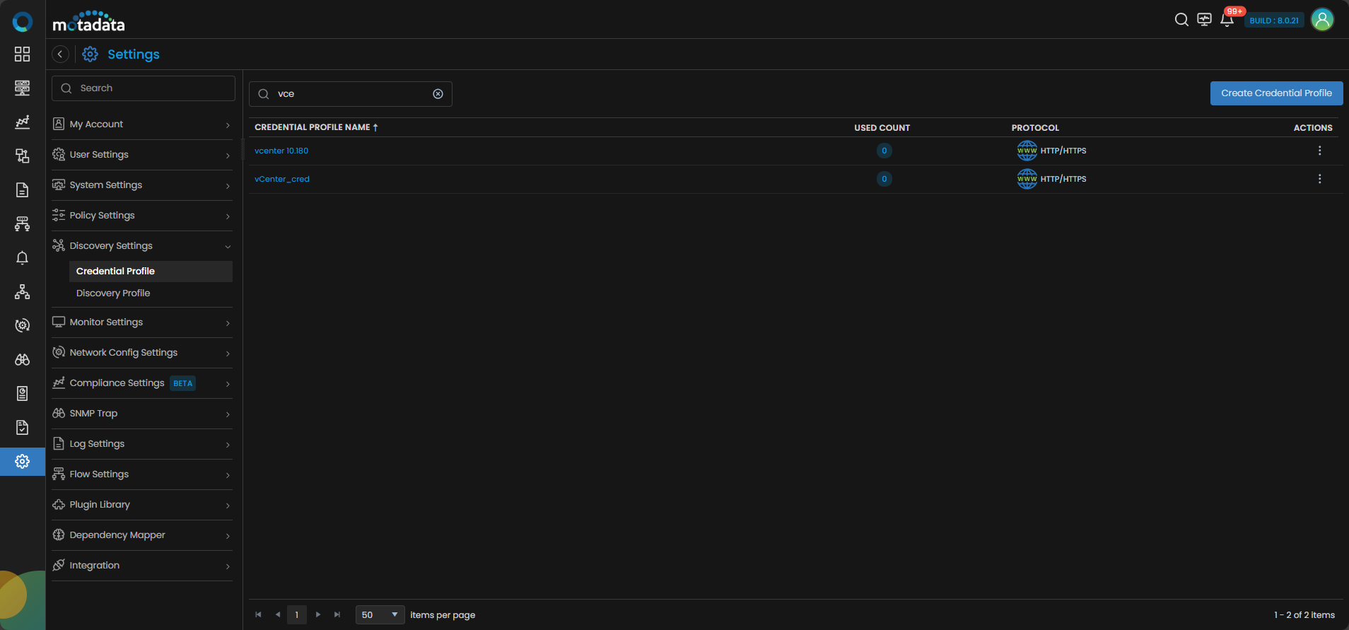 Credential Profile list showing the newly created vCenter profile