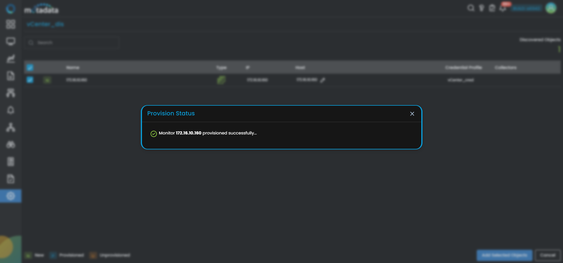 Provisioning screen showing vCenter components across three tabs