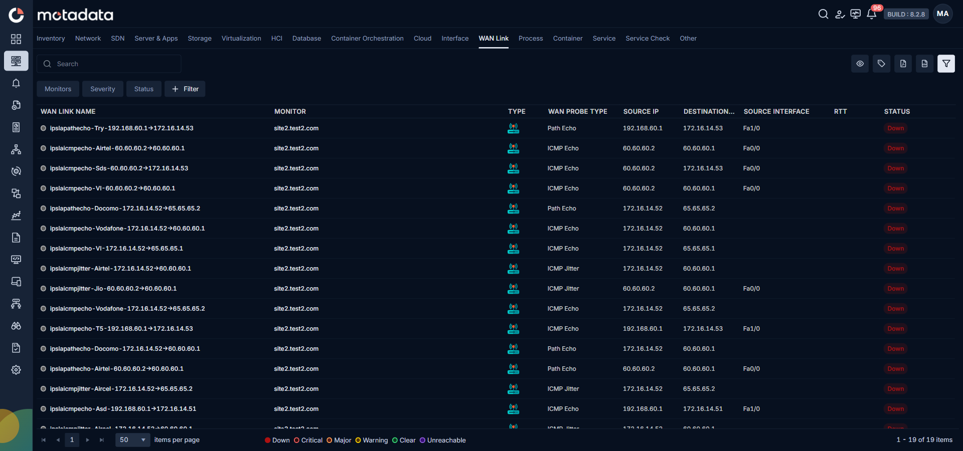 Monitor navigation panel with the WAN Link category selected showing the provisioned WAN Links