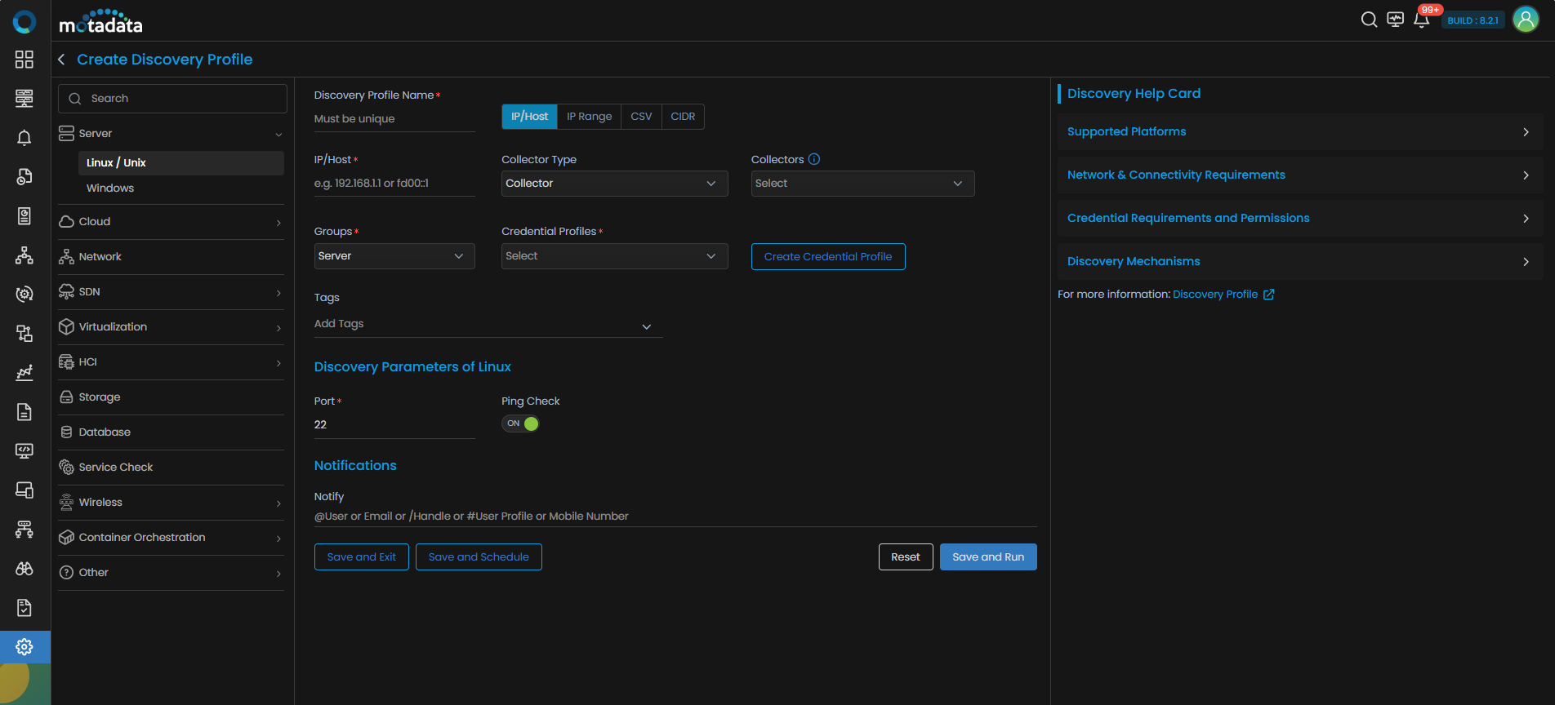 Discovery Profile form with Windows server fields visible