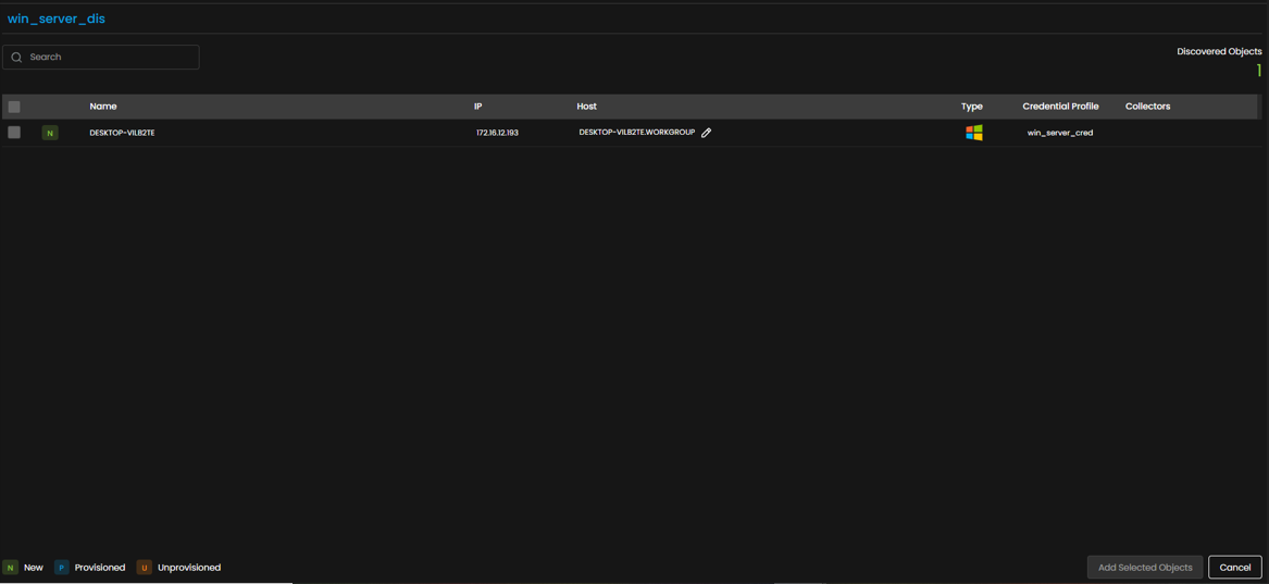 Discovery screen showing Windows servers discovered and ready for provisioning