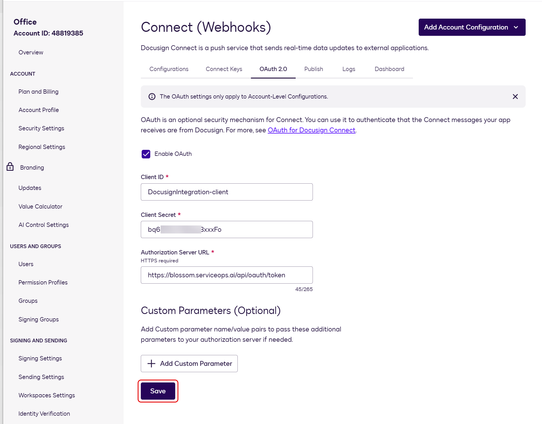 DocuSign Connect OAuth 2.0 tab showing Client ID, Client Secret, and Authorization Server URL fields
