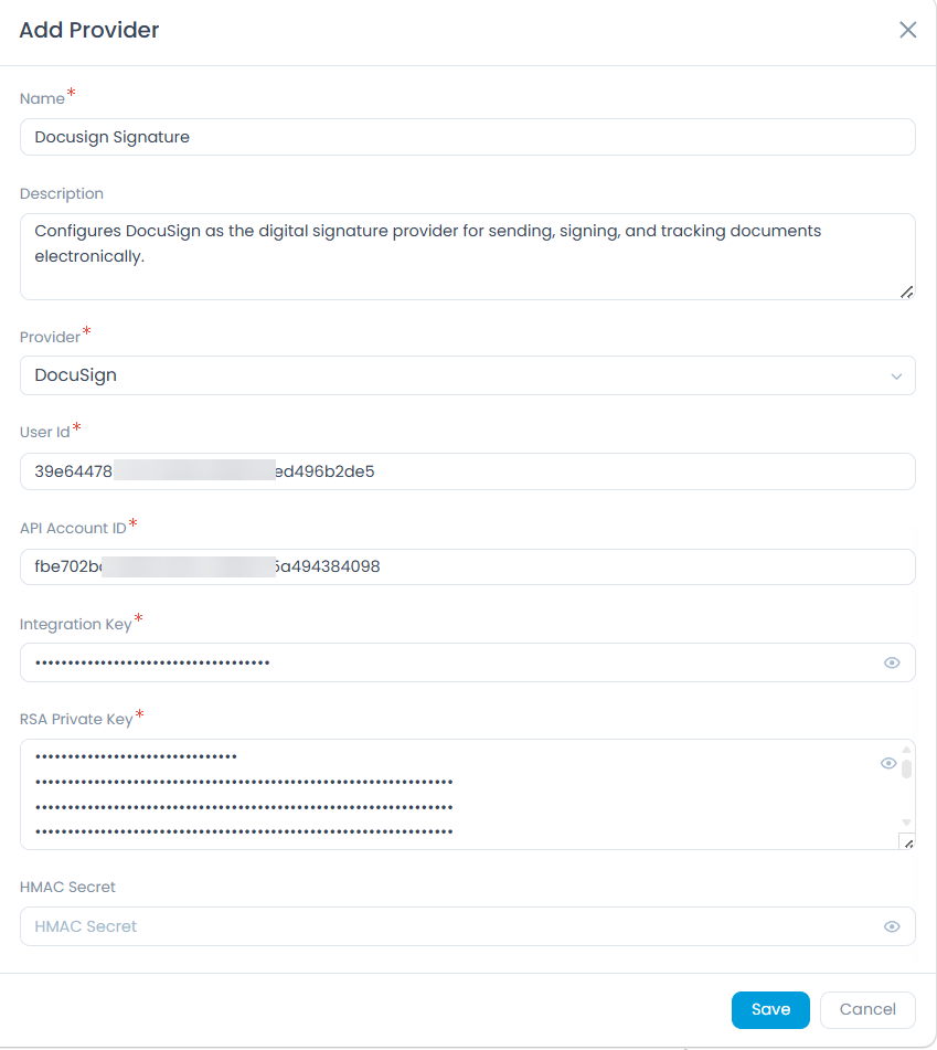 Add Provider form with Name, Provider, User Id, API Account ID, Integration Key, RSA Private Key, and HMAC Secret fields