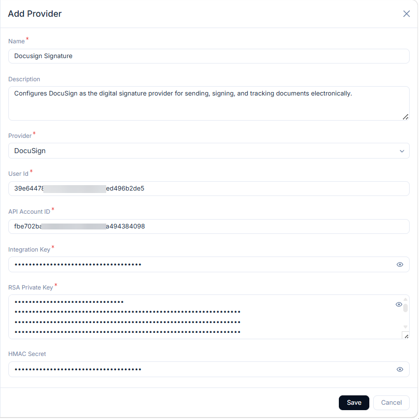 Add Provider form showing Name, Description, Provider, User Id, API Account ID, Integration Key, RSA Private Key, and HMAC Secret fields