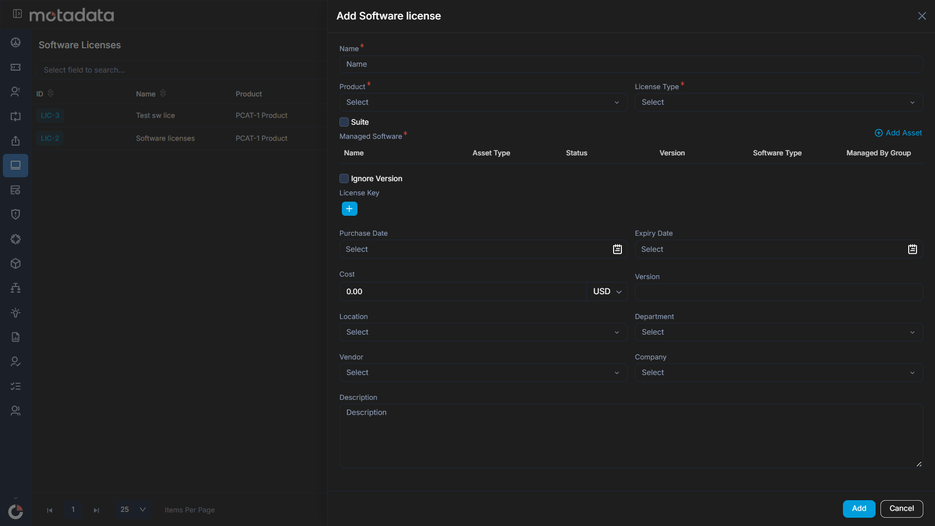 Add Software License Popup