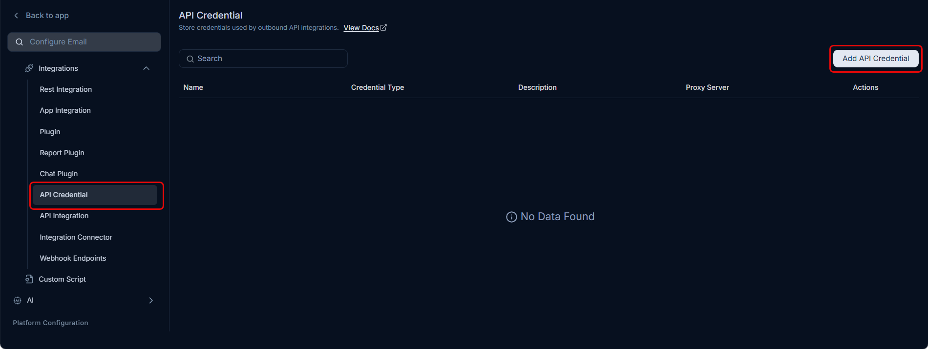 API Credential Page