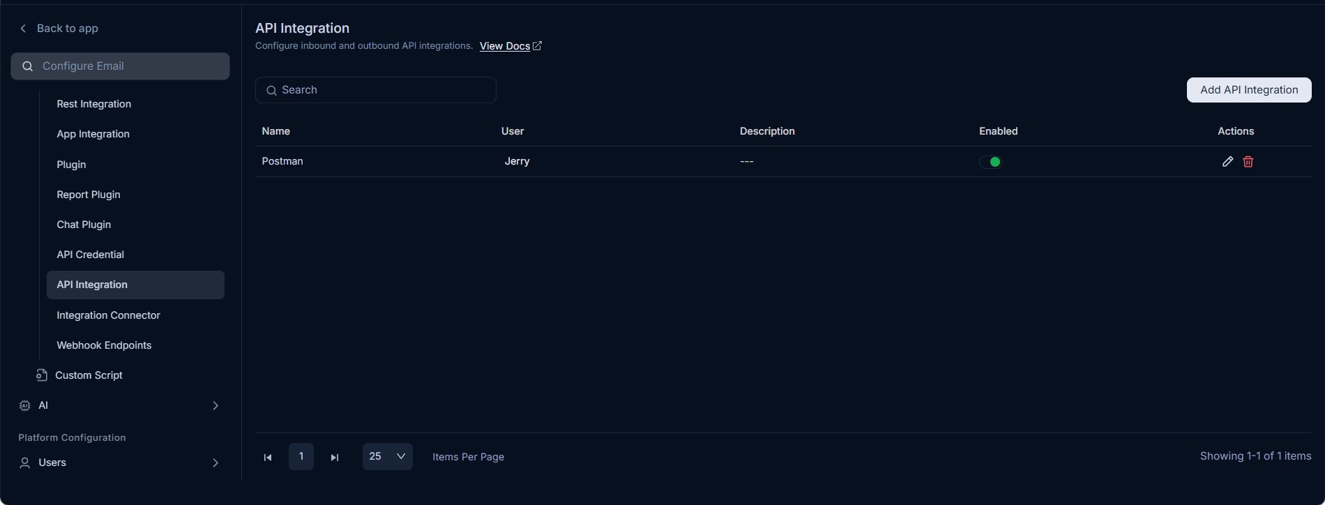 API Integration Page