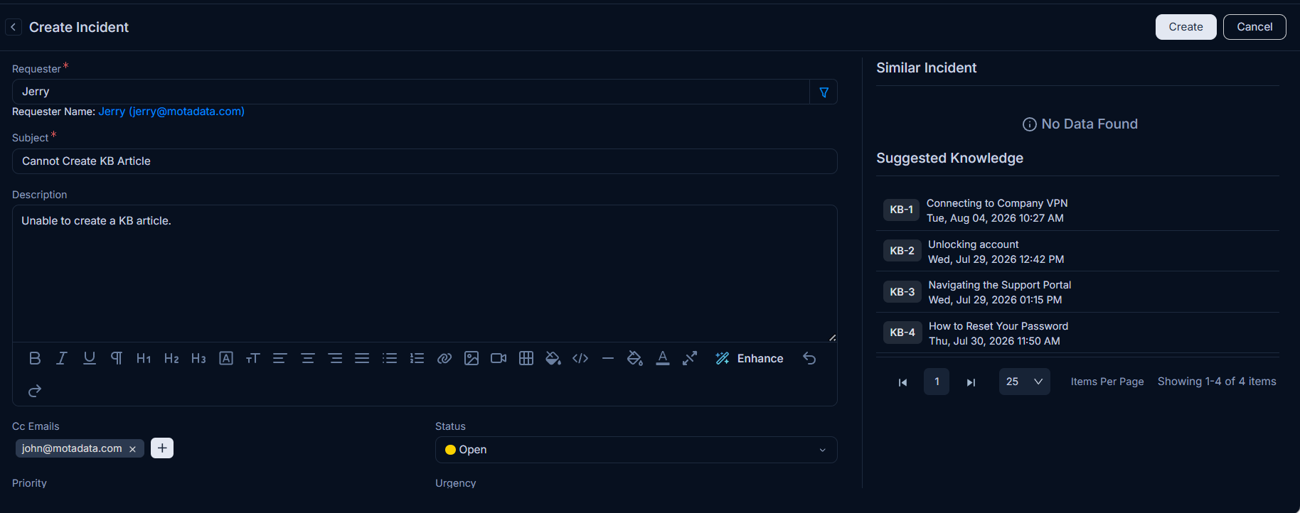 Create Incident Page